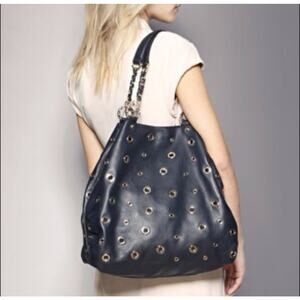 Reiss Navy Leather Grommet Bag